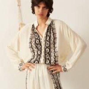 Alix Of Bohemia Kiki Noir Riviera Flowy Tencel Border Print Motif Shirt Sz S